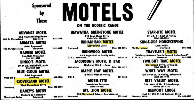 Budget Host Inn (Cloverland Court Motel, Cloverland Motel) - Nov 1965 Nice List Of Area Motels